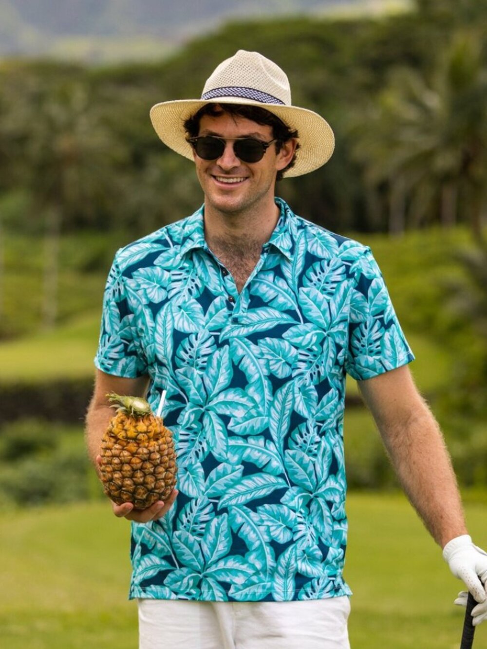 Kenny Flowers Men's Golf Polo Shirt The Lei Up Tropical Printed Green Blue XL